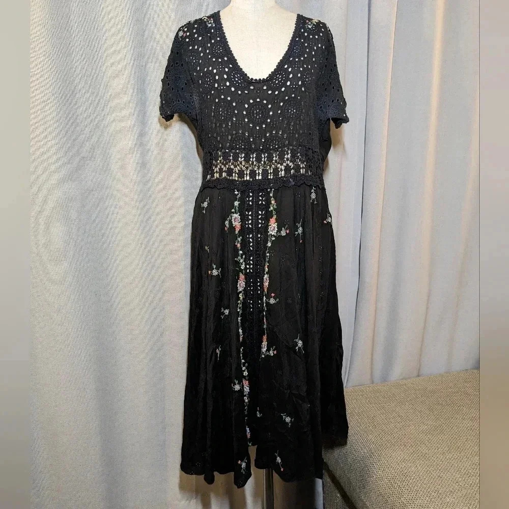 Johnny Was Black Midi Dress Embroidered Floral Eyelet Sheer Small